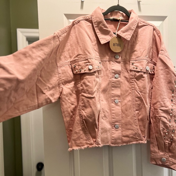NWT Bibi boutique rhinestone and pearl embellished pink denim jacket - Picture 7 of 12
